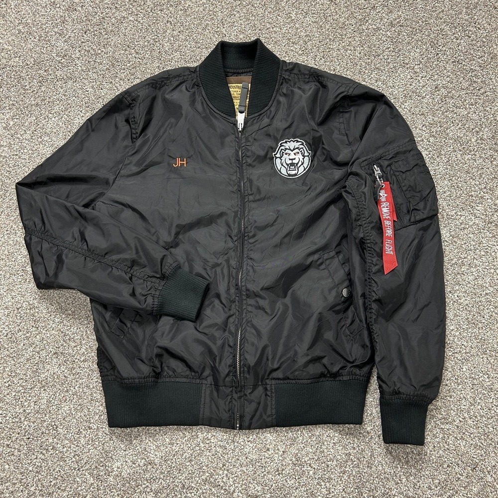 Alpha Industries Jacket Mens L Black Nylon Bomber Full Zip Lion Patch Insulated